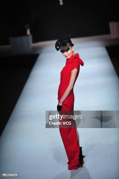 Model walks on the catwalk during the Colombina collection show at the 2010 China Fashion Week A/W on March 29, 2010 in Beijing, China.