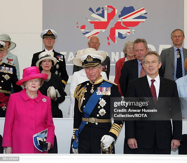 Baroness Margaret Thatcher stands beside Prince Charles, Prince of Wales and Tony Blair during a Falklands War commemoration at Horseguards Parade...