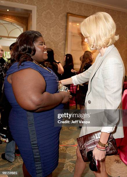 Actors Gabourey Sidibe and Charlize Theron attend V-Day's 4th Annual LA Luncheon featuring a reading of Eve Ensler's newest work "I Am An Emotional...