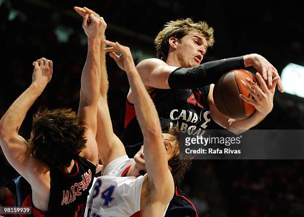 Tiago Splitter, #21 of Caja Laboral in action during the Euroleague Basketball 2009-2010 Play Off Game 3 between Caja laboral vs CSKA Moscow at...
