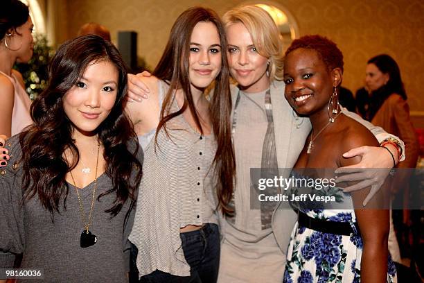 Actor Ally Maki, Chloe Goutal, actor Charlize Theron, and Tanyaradzwa Tawenga attend V-Day's 4th Annual LA Luncheon featuring a reading of Eve...