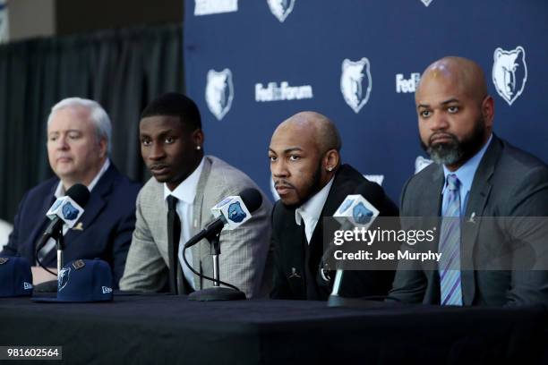 Memphis Grizzlies General manager Chris Wallace Draft Picks Jaren Jackson Jr. Jevon Carter and Head Coach J. B. Bickerstaff look on at the Post NBA...