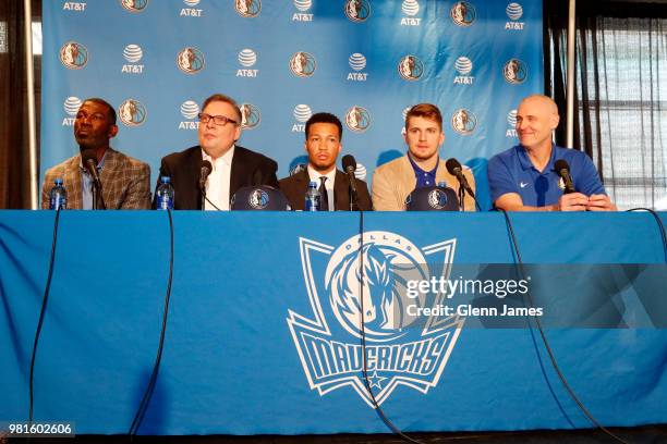 Michael Finley Donnie Nelson Draft Picks Jalen Brunson Luka Doncic and Dallas Mavericks Head Coach Rick Carlisle look on at the Post NBA Draft press...