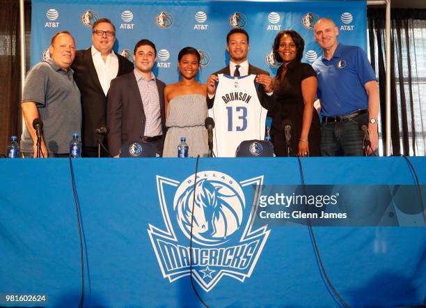 Donnie Nelson Draft Pick Jalen Brunson and family along with Dallas Mavericks Head Coach Rick Carlisle pose for a photo at the Post NBA Draft press...