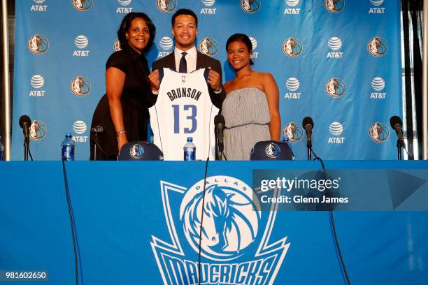 Draft Pick Jalen Brunson and family pose for a photo at the Post NBA Draft press conference on June 22, 2018 at the American Airlines Center in...