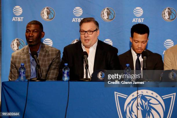 General Manager of the Dallas Mavericks Donnie Nelson speaks at the Post NBA Draft press conference on June 22, 2018 at the American Airlines Center...