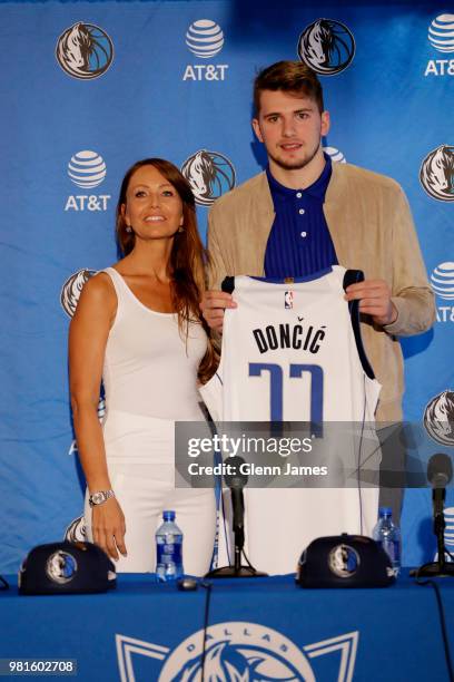 Draft Pick Luka Doncic and his mother pose for a photo at the Post NBA Draft press conference on June 22, 2018 at the American Airlines Center in...