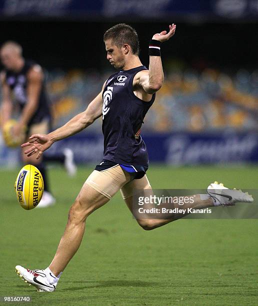 Marc Murphy kicks the ball during a Carlton Blues AFL training session at The Gabba on March 31, 2010 in Brisbane, Australia.