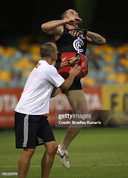 Robert Warnock competes in a training drill during a Carlton Blues AFL training session at The Gabba on March 31, 2010 in Brisbane, Australia.
