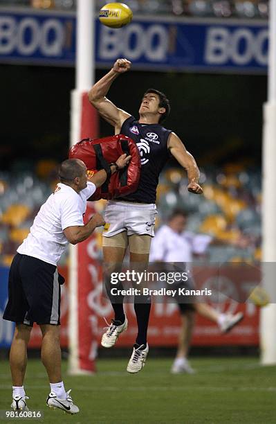 Jordan Russell takes part in a training drill during a Carlton Blues AFL training session at The Gabba on March 31, 2010 in Brisbane, Australia.