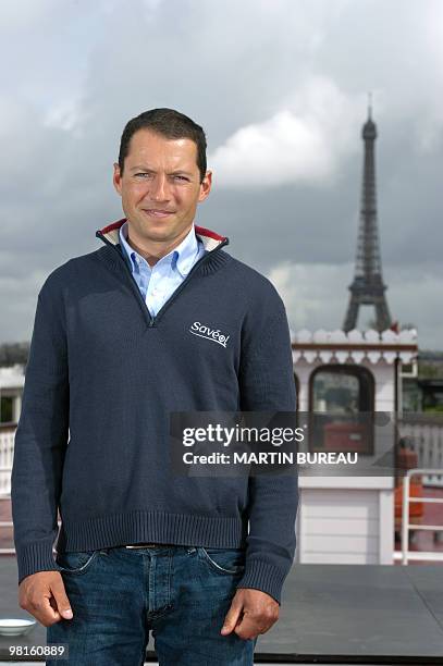 French sailor Romain Attanasio poses on March 30, 2010 in Paris during a press conference to present the sailors ahead of the transat AG2R, a sailing...