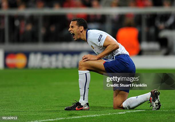 Rio Ferdinand of Manchester shouts during the UEFA Champions League quarter final, first leg match between FC Bayern Munich and Manchester United at...