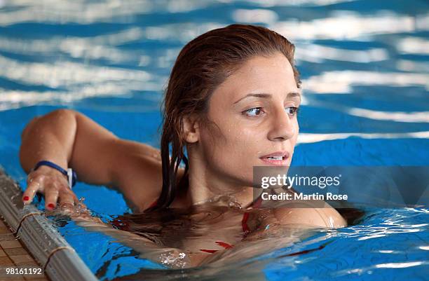 Susianna Kentikian of Germany poses during a training session at the Wandsbek swimming hall on March 31, 2010 in Hamburg, Germany. The WBA, WBO &...