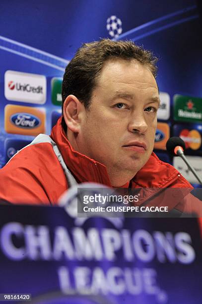 Moscow's coach Leonid Slutsky attends a press conference at San Siro Stadium on March 30, 2010 on the eve of the Champions League football match...