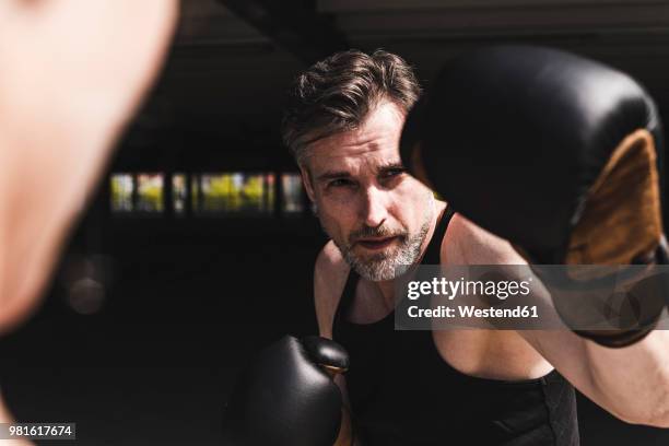 man and woman in boxing training - assertive stockfoto's en -beelden