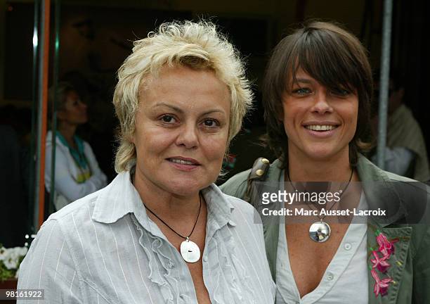 French humorist Muriel Robin and her girlfriend Anne pose in the 'Village', the VIP area of the French Open at Roland Garros arena in Paris, France...