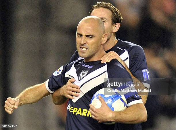 Kevin Muscat of the Victory celebrates scoring a goal during the AFC Champions League Group E match between Melbourne Victory and Kawasaki at Etihad...