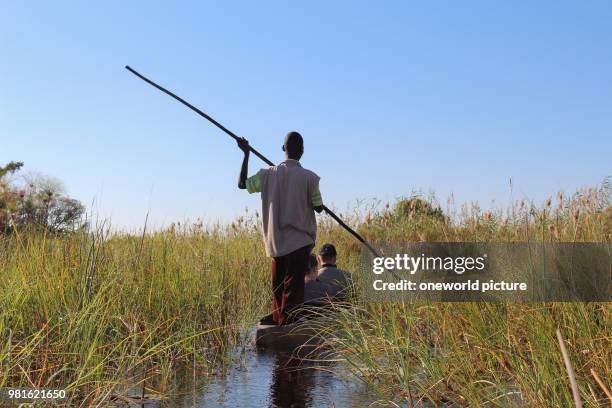 Botswana. Okavango Delta. African controls Mokoro with large stick. A Mokoro is a four-meter-long dug-boat.