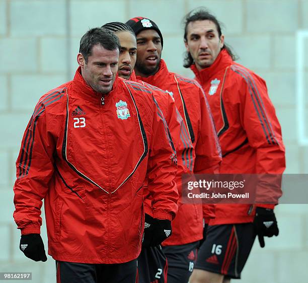 Jamie Cerragher,Glen Johnson, Ryan Babel and Sotirios Kyrgiakos of Liverpool FC in action during a training session at Melwood Training Ground, ahead...