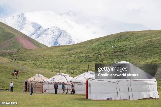 Kyrgyzstan. Osh region. Yurt camp with Mt Lenin in the background.