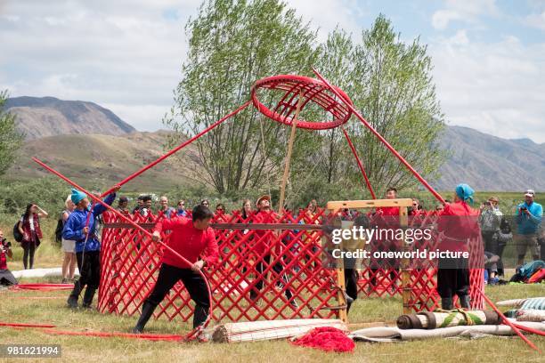 Kyrgyzstan. Issyk-Kul region. Ak Say. Construction of the yurt.