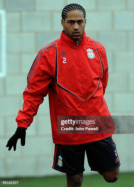 Glen Johnson of Liverpool FC in action during a training session at Melwood Training Ground, ahead of their Europa League Quarter Final, first leg...