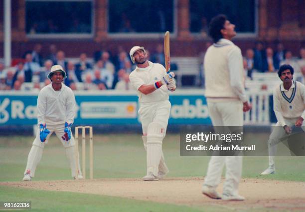 England cricketer Graham Gooch batting against India on the first day of the 1st Test at Lord's Cricket Ground, London, 26th July 1990. England won...