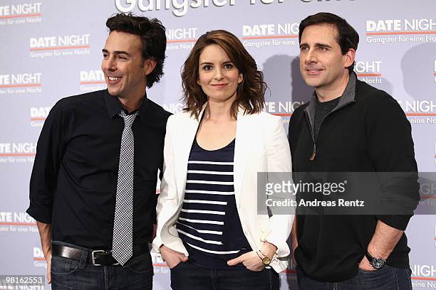 Director Shawn Levy, actress Tina Fey and actor Steve Carrel attend a photocall to promote the new movie 'Date Night' at Hotel de Rome on March 31,...