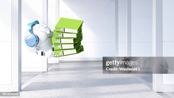 ilustraciones, imágenes clip art, dibujos animados e iconos de stock de robotic drone carrying file stack, 3d rendering - flotando en el aire