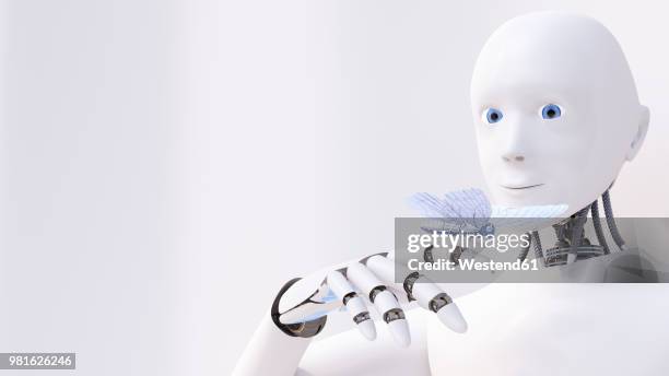 robot looking at butterfly on his finger, 3d rendering - one animal stock illustrations