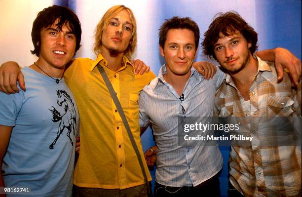 Rove McManus with the band Silverchair - L-R Ben Gillies, Daniel Johns, Rove McManus and Chris Joannou at Channell 10 Studio in 2003 in Melbourne,...