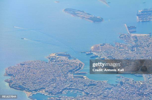 aerial view of town and gulf, piraeus, greece - piraeus stock pictures, royalty-free photos & images