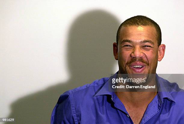Andrew Symonds of Australia talks to the media after announcing that he has injured his shoulder and could miss playing for Australia in the one...