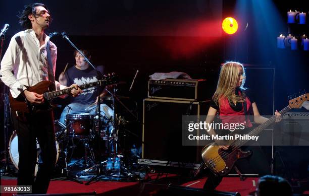 Paul Dempsey, Clint Hyndman and Stephanie Ashworth of Something For Kate perform on Vodafone Live at the Chapel TV show on October 18th 2006 in...