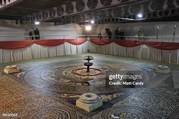 People look at the reconstruction of the Orpheus Pavement at Prinknash Abbey on March 31, 2010 in Gloucester, England. The replica mosiac, made of...
