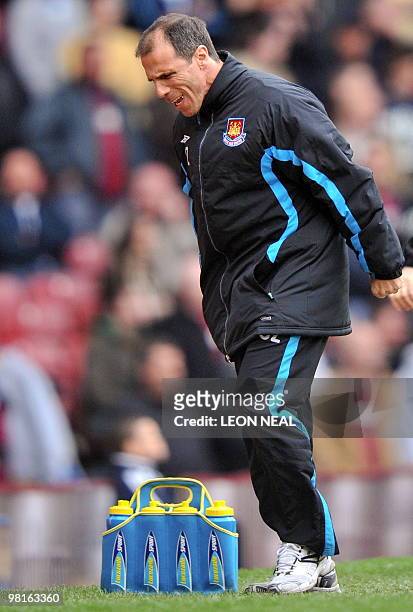 West Ham's Italian manager Gianfranco Zola reacts during the English Premier League football match between West Ham United and Stoke City at the...