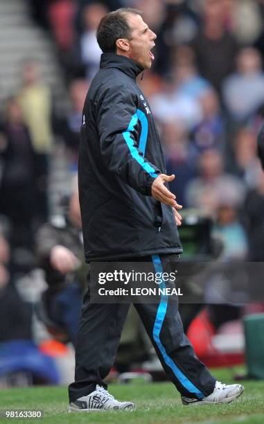 West Ham's Italian manager Gianfranco Zola reacts during the English Premier League football match between West Ham United and Stoke City at the...