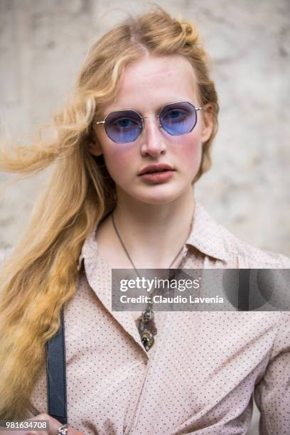 Model, wearing blue sunglasses, is seen in the streets of Paris after the Juun.J show, during Paris Men's Fashion Week Spring/Summer 2019 on June 22,...