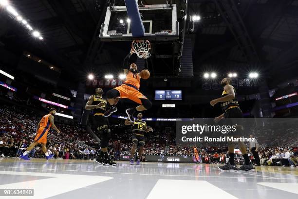 Drew Gooden of 3's Company dunks against the Killer 3s during week one of the BIG3 three on three basketball league at Toyota Center on June 22, 2018...