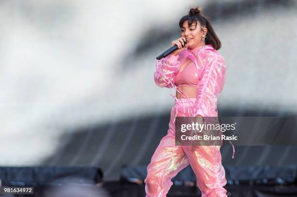 Charli XCX performs live on stage at Wembley Stadium on June 22, 2018 in London, England.