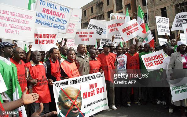 Nigerian Labor Congress officials lead a rally on March 31, 2010 in Abuja, calling for the removal of Independent National Electoral Commission...