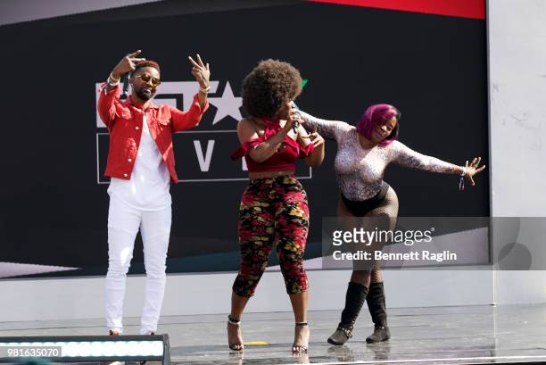 Konshens and Amara La Negra perform at BETX Live!, sponsored by Nissan, during the 2018 BET Experience at Microsoft Square at L.A. Live on June 22,...