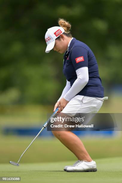 Ariya Jutanugarn of Thailand reacts to her putt on the third green during the first round of the Walmart NW Arkansas Championship Presented by P&G at...