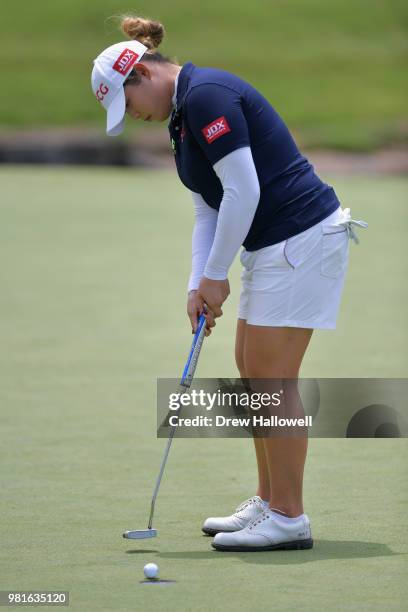 Ariya Jutanugarn of Thailand putts on the second green during the first round of the Walmart NW Arkansas Championship Presented by P&G at Pinnacle...