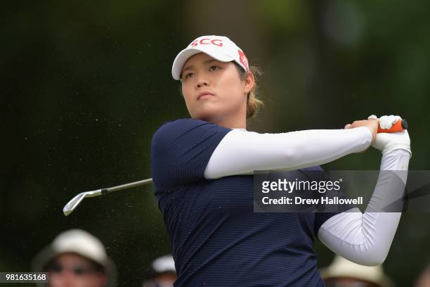 Ariya Jutanugarn of Thailand plays her shot on the third tee during the first round of the Walmart NW Arkansas Championship Presented by P&G at...