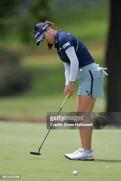 So Yeon Ryu of South Korea putts for birdie on the fourth green during the first round of the Walmart NW Arkansas Championship Presented by P&G at...