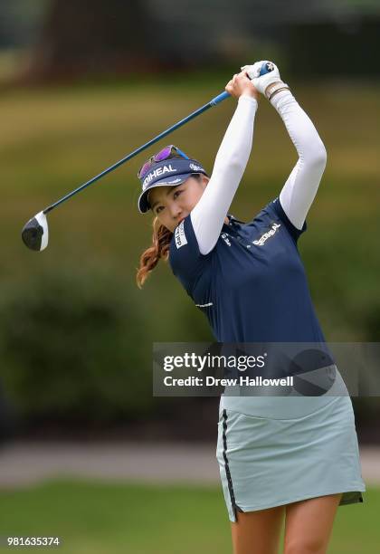 So Yeon Ryu of South Korea plays her shot from the fifth tee during the first round of the Walmart NW Arkansas Championship Presented by P&G at...