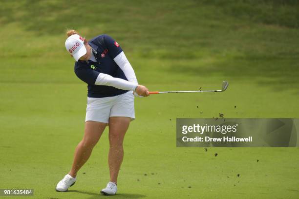 Ariya Jutanugarn of Thailand plays an approach shot on the second hole during the first round of the Walmart NW Arkansas Championship Presented by...