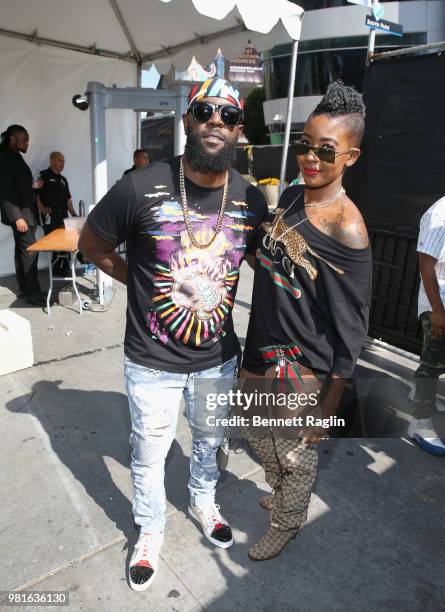 Bunji Garlin and Fay-Ann Lyons backstage at BETX Live!, sponsored by Nissan, during the 2018 BET Experience at Microsoft Square at L.A. Live on June...