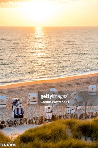 germany, schleswig-holstein, sylt, beach and empty hooded beach chairs at sunset - north sea stockfoto's en -beelden